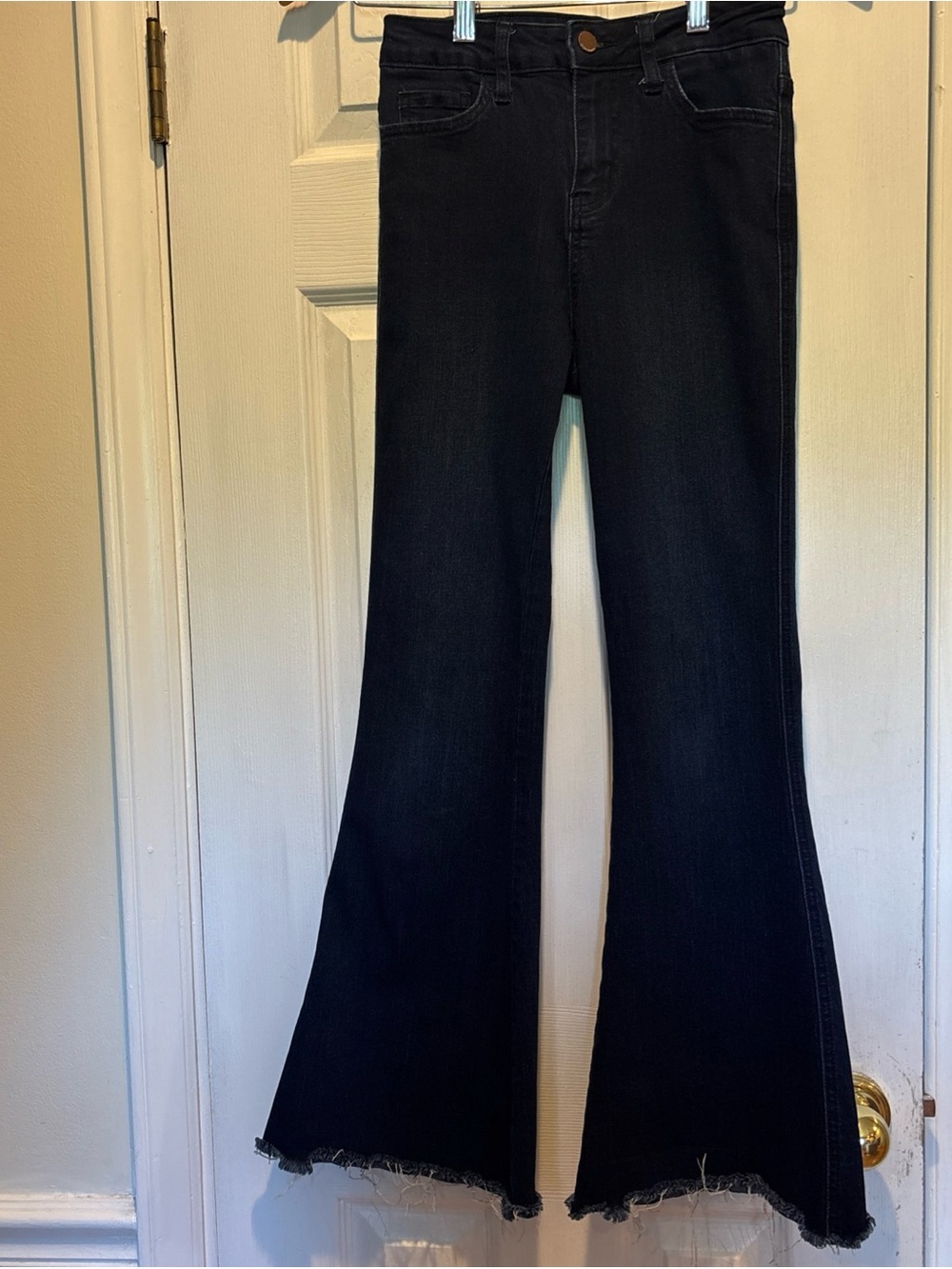 Women’s Flying Monkey High Rise Flare Jeans Dark Wash Frayed Hem Size 24